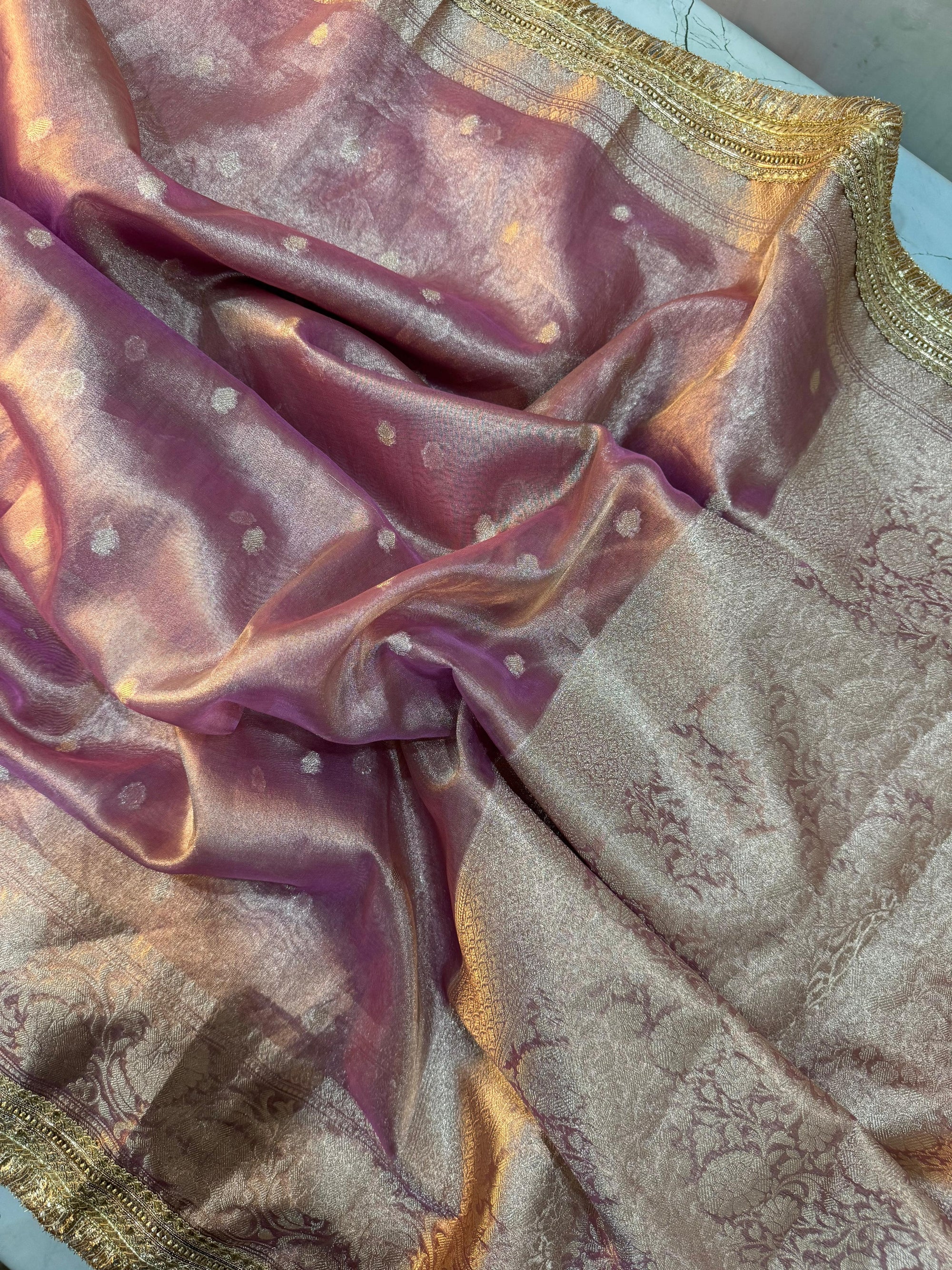 ROSE PINK DESIGNER TISSUE SILK BOOTI SAREE