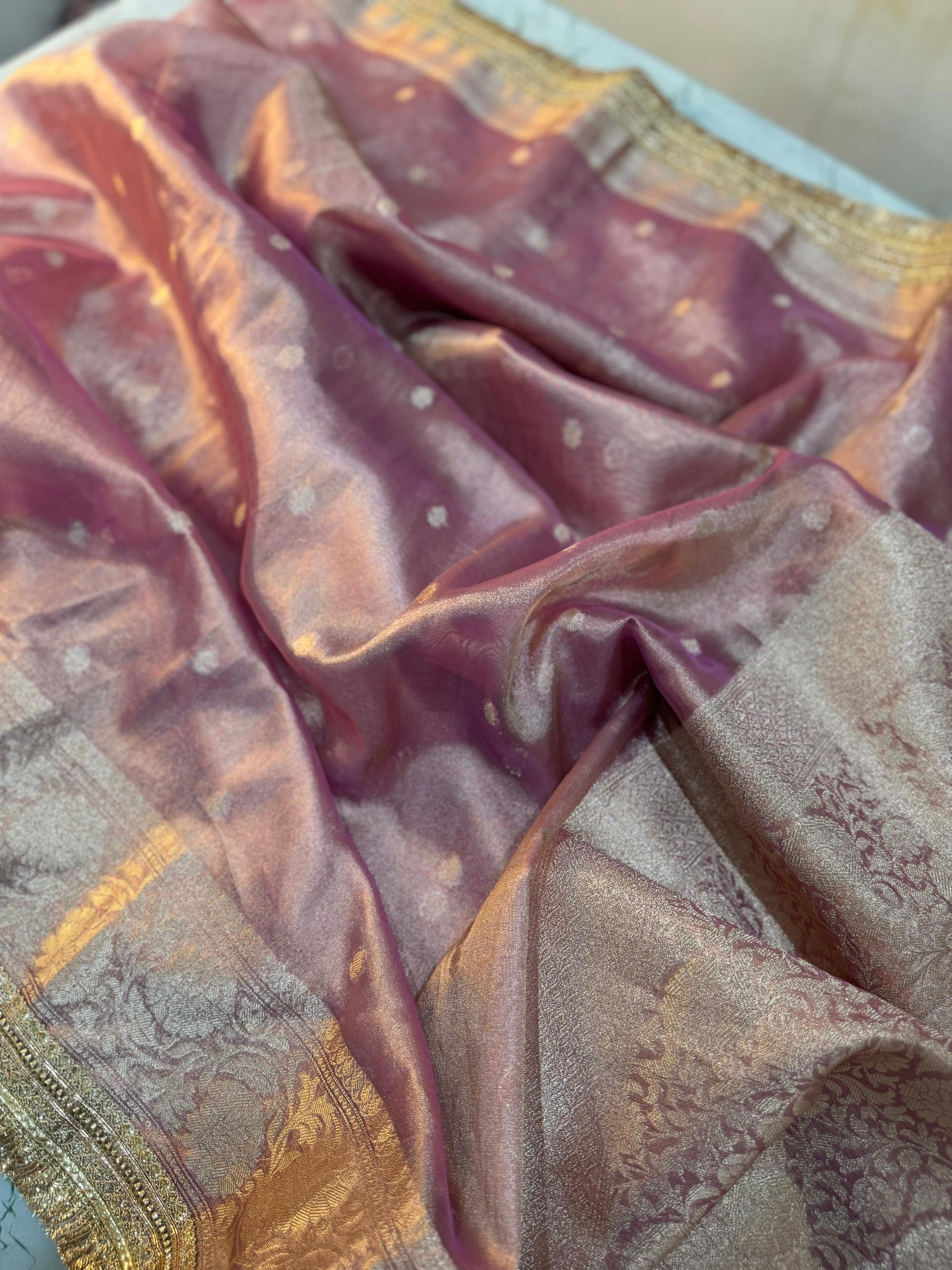 ROSE PINK DESIGNER TISSUE SILK BOOTI SAREE