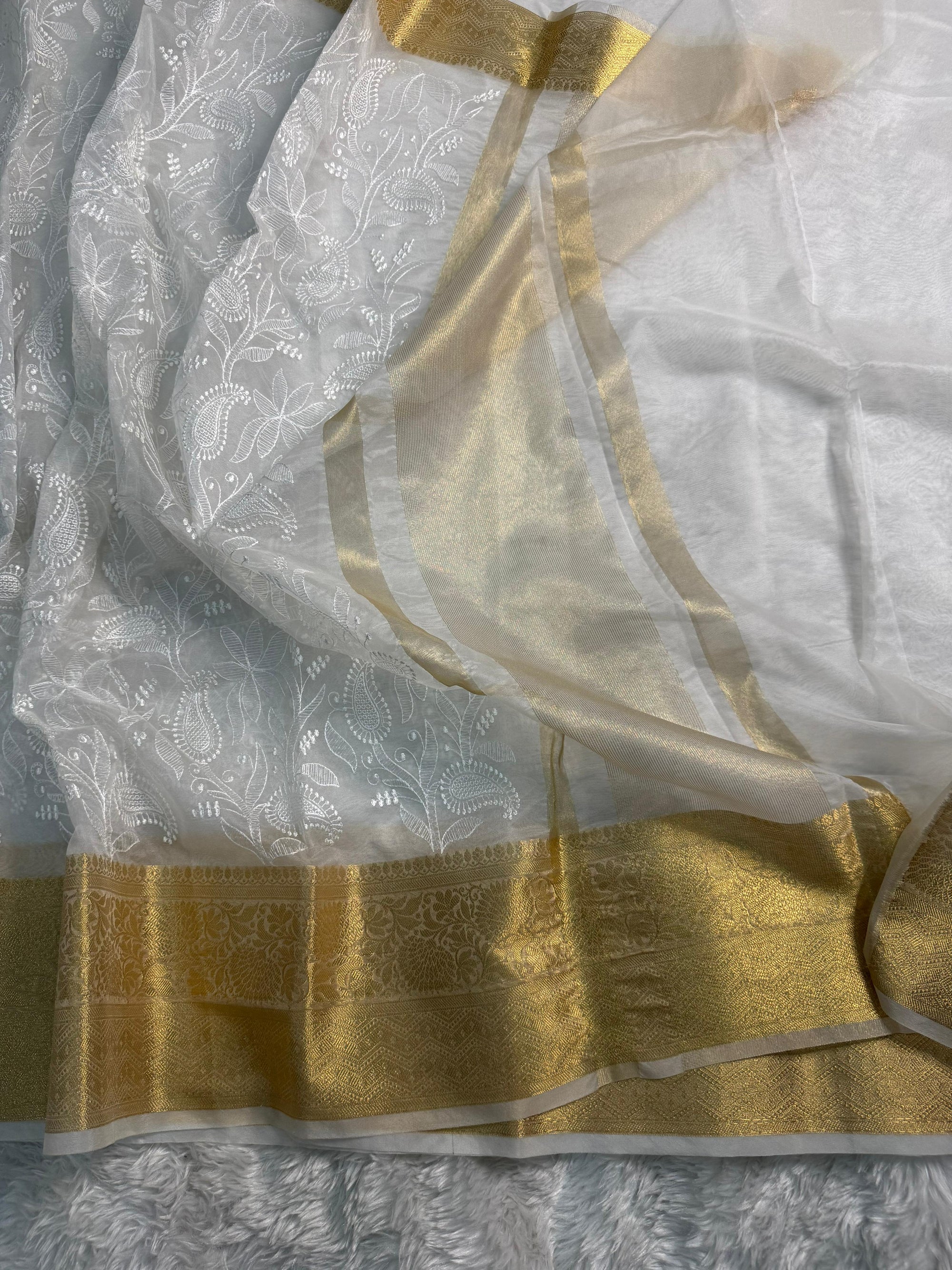 PREMIUM WHITE CHIKANKARI KORA ORGANZA SILK SAREE