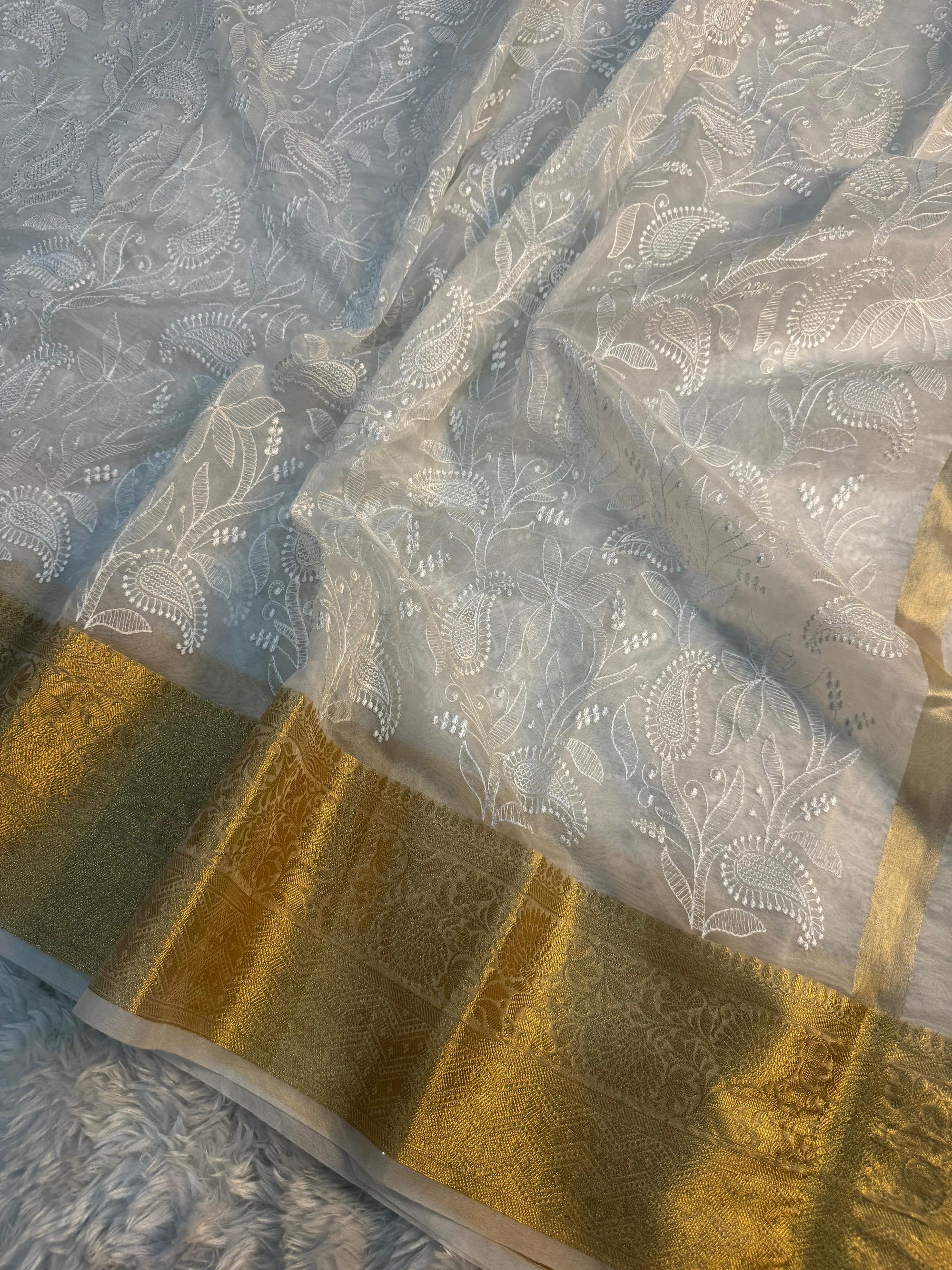 PREMIUM WHITE CHIKANKARI KORA ORGANZA SILK SAREE