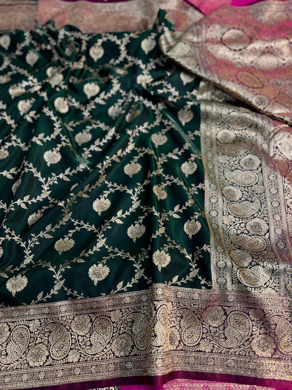 BOTTLE GREEN SHADE SATIN KATAN SILK SAREE WITH FULLY HAND-STONE SWAROVSKI WORK