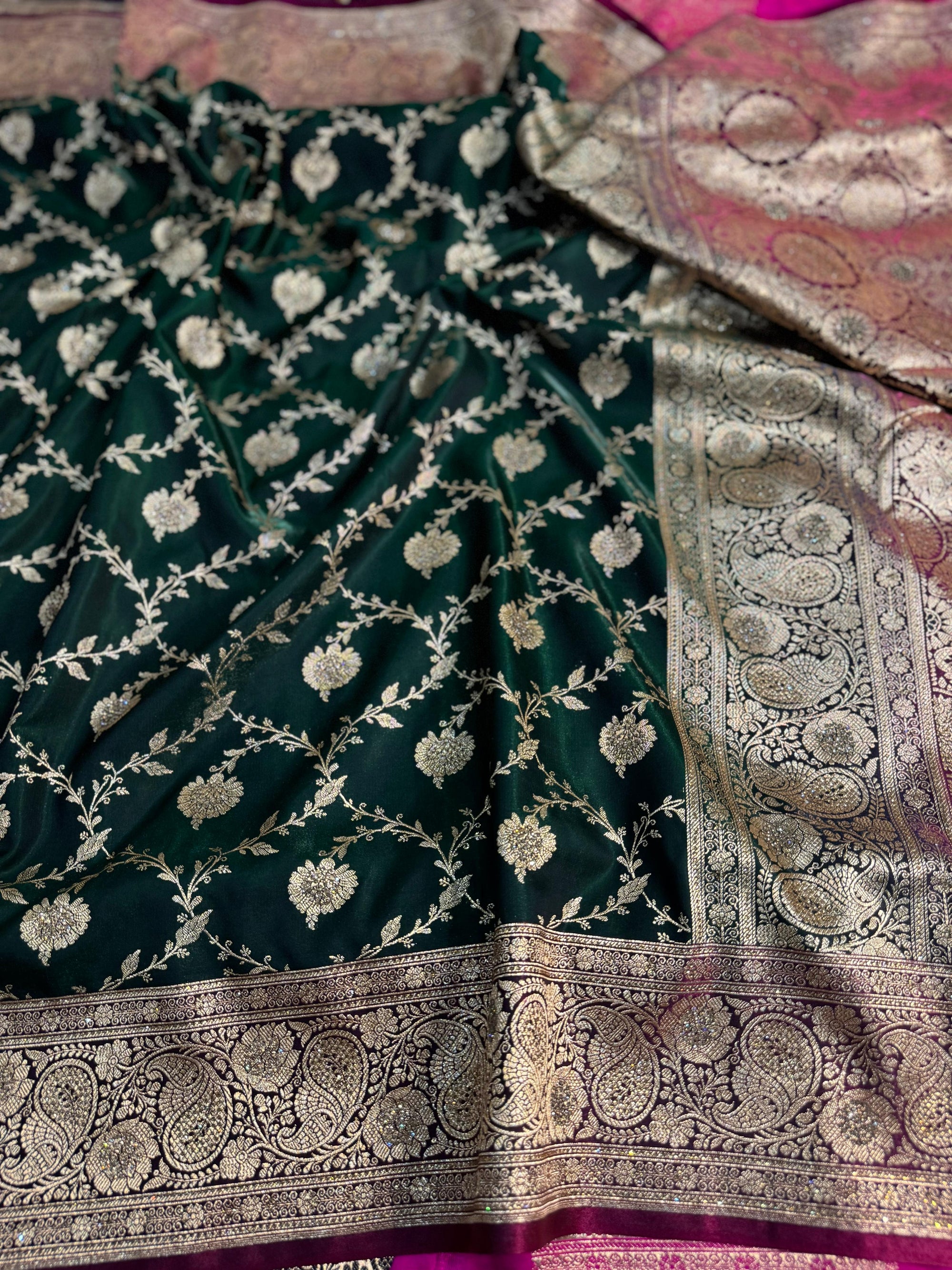BOTTLE GREEN SHADE SATIN KATAN SILK SAREE WITH FULLY HAND-STONE SWAROVSKI WORK