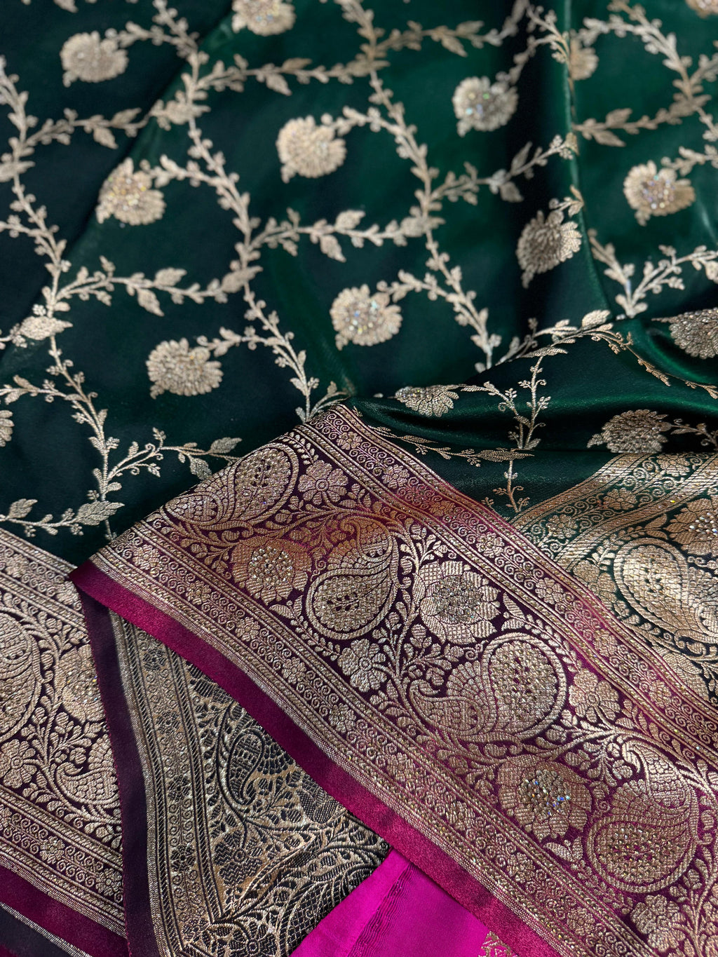 BOTTLE GREEN SHADE SATIN KATAN SILK SAREE WITH FULLY HAND-STONE SWAROVSKI WORK