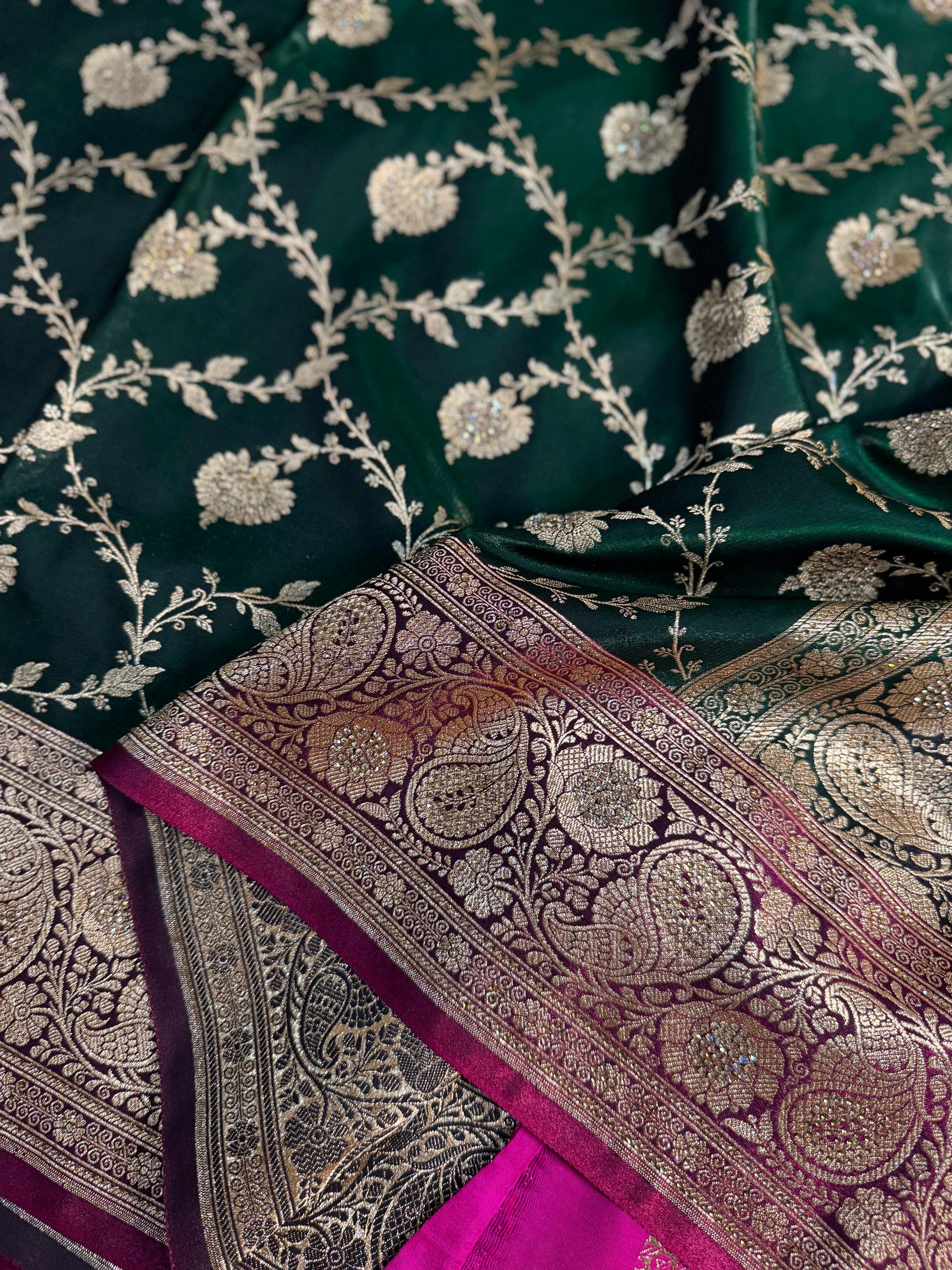 BOTTLE GREEN SHADE SATIN KATAN SILK SAREE WITH FULLY HAND-STONE SWAROVSKI WORK