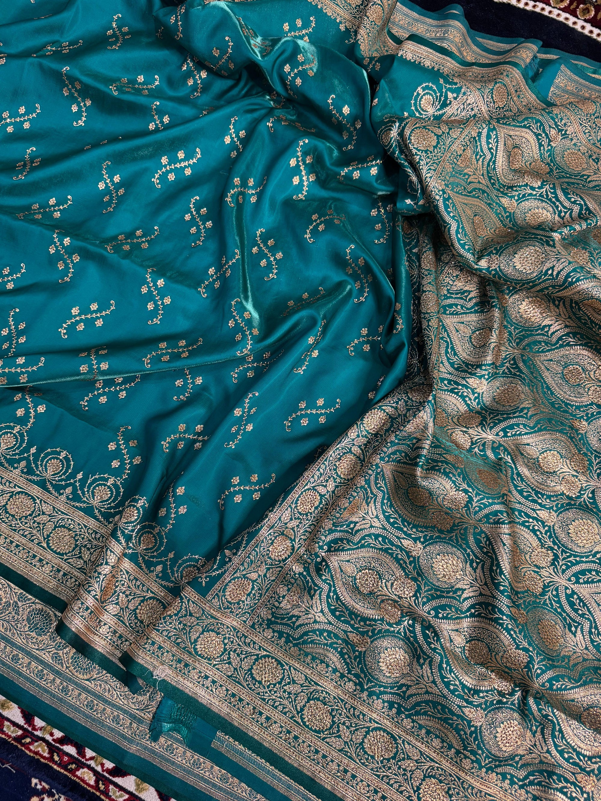 EXCLUSIVE AQUA GREEN SHADE SATIN KATAN FULLY SWAROVSKI STONE WORK