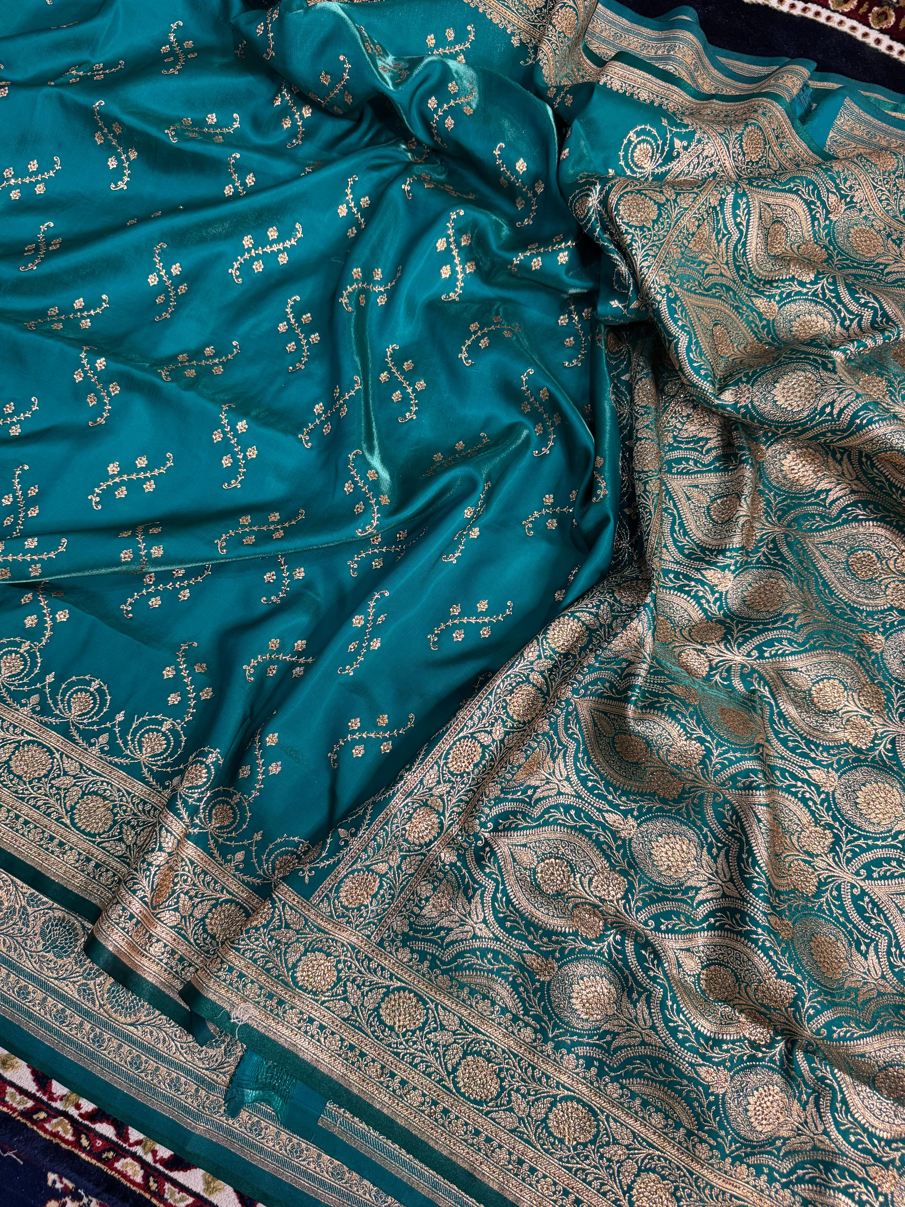 EXCLUSIVE AQUA GREEN SHADE SATIN KATAN FULLY SWAROVSKI STONE WORK