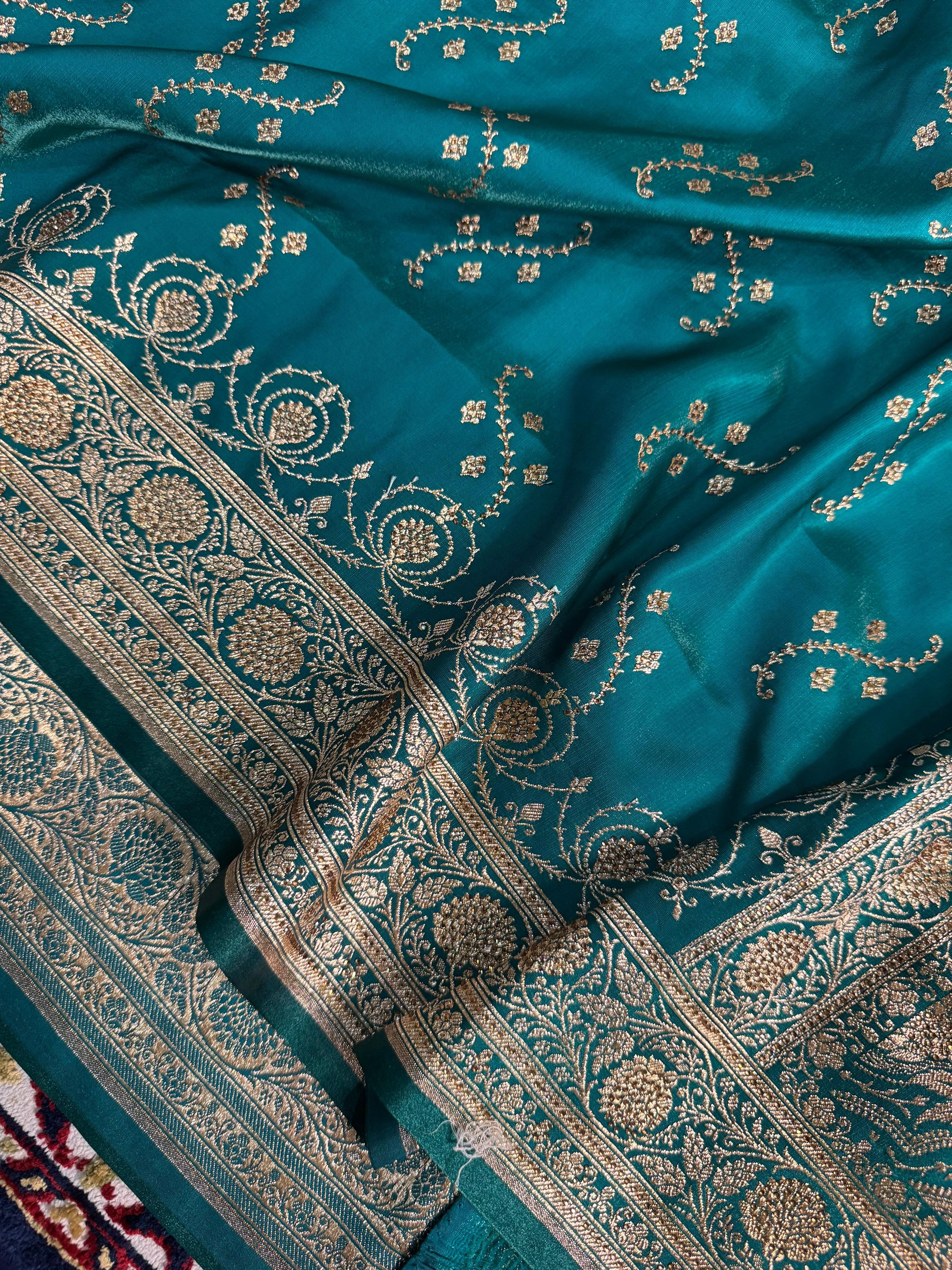 EXCLUSIVE AQUA GREEN SHADE SATIN KATAN FULLY SWAROVSKI STONE WORK