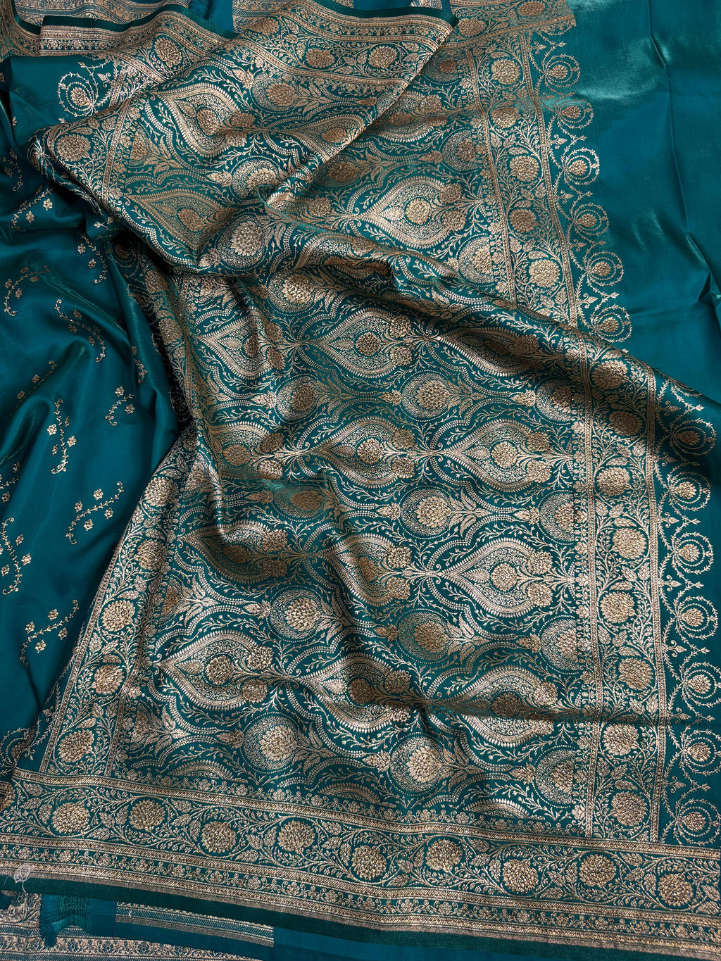 EXCLUSIVE AQUA GREEN SHADE SATIN KATAN FULLY SWAROVSKI STONE WORK