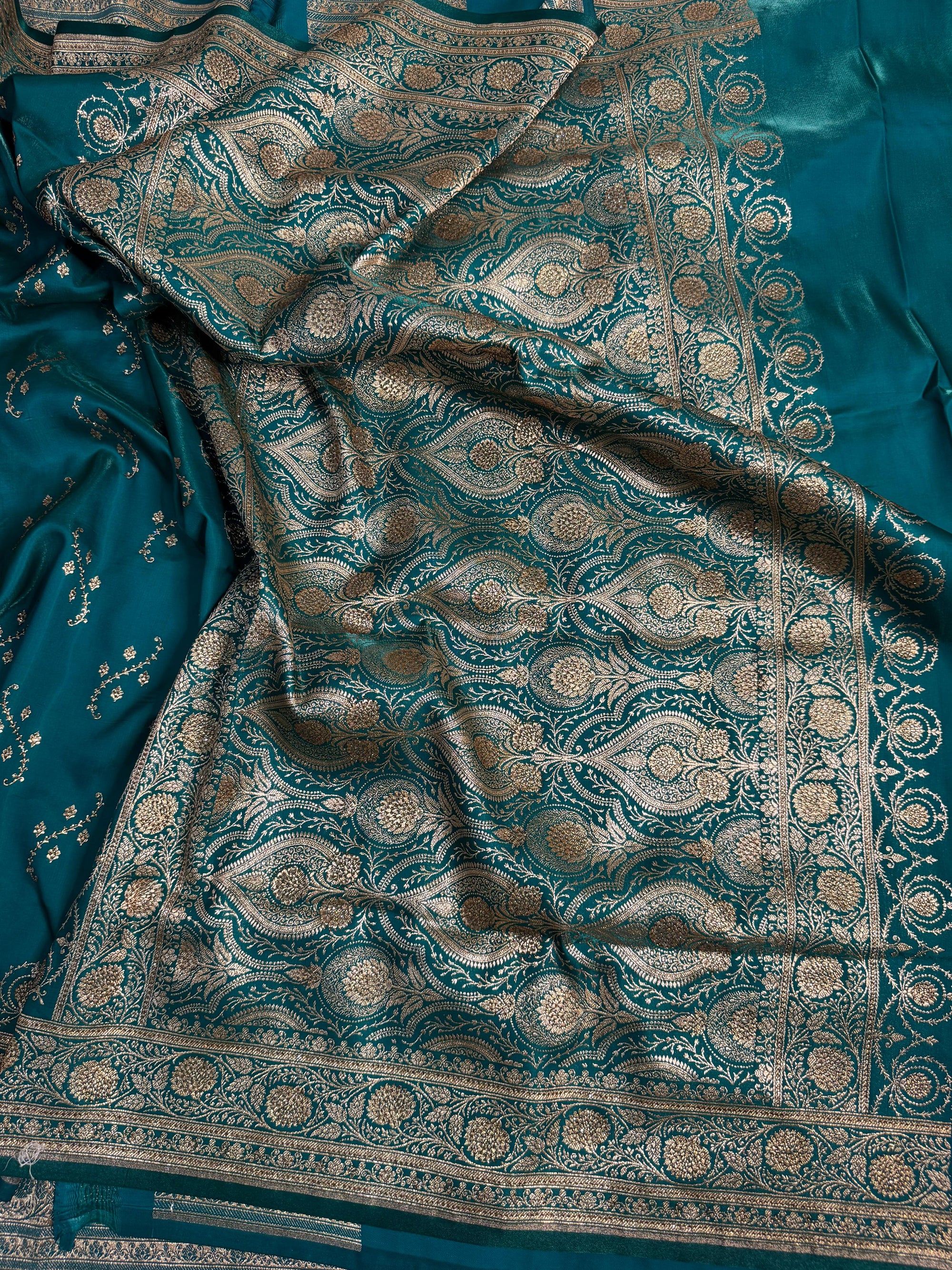 EXCLUSIVE AQUA GREEN SHADE SATIN KATAN FULLY SWAROVSKI STONE WORK