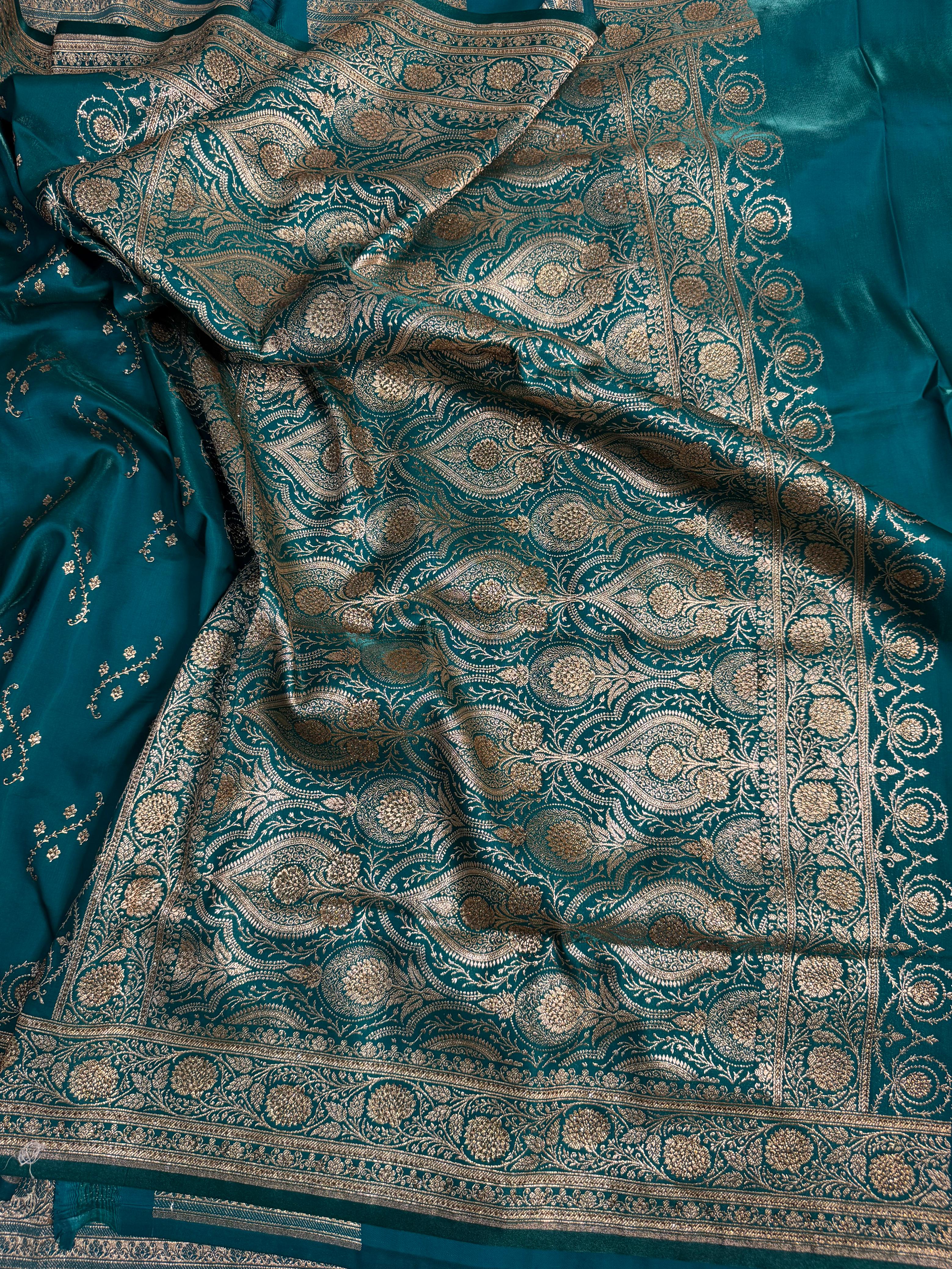 EXCLUSIVE AQUA GREEN SHADE SATIN KATAN FULLY SWAROVSKI STONE WORK