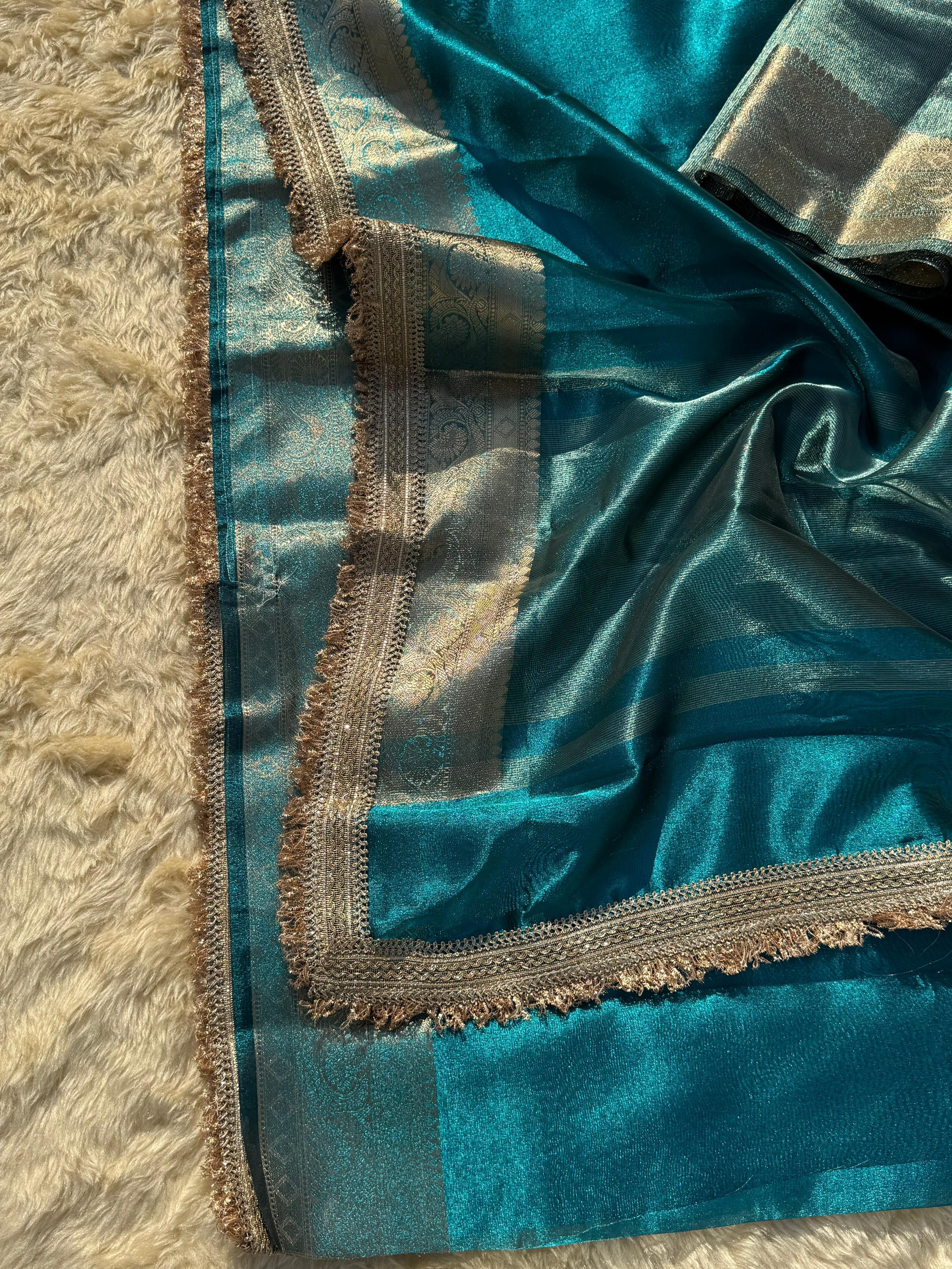 CRYSTAL BLUE SOFT TISSUE SILK SAREE WITH LACE ATTACHED 