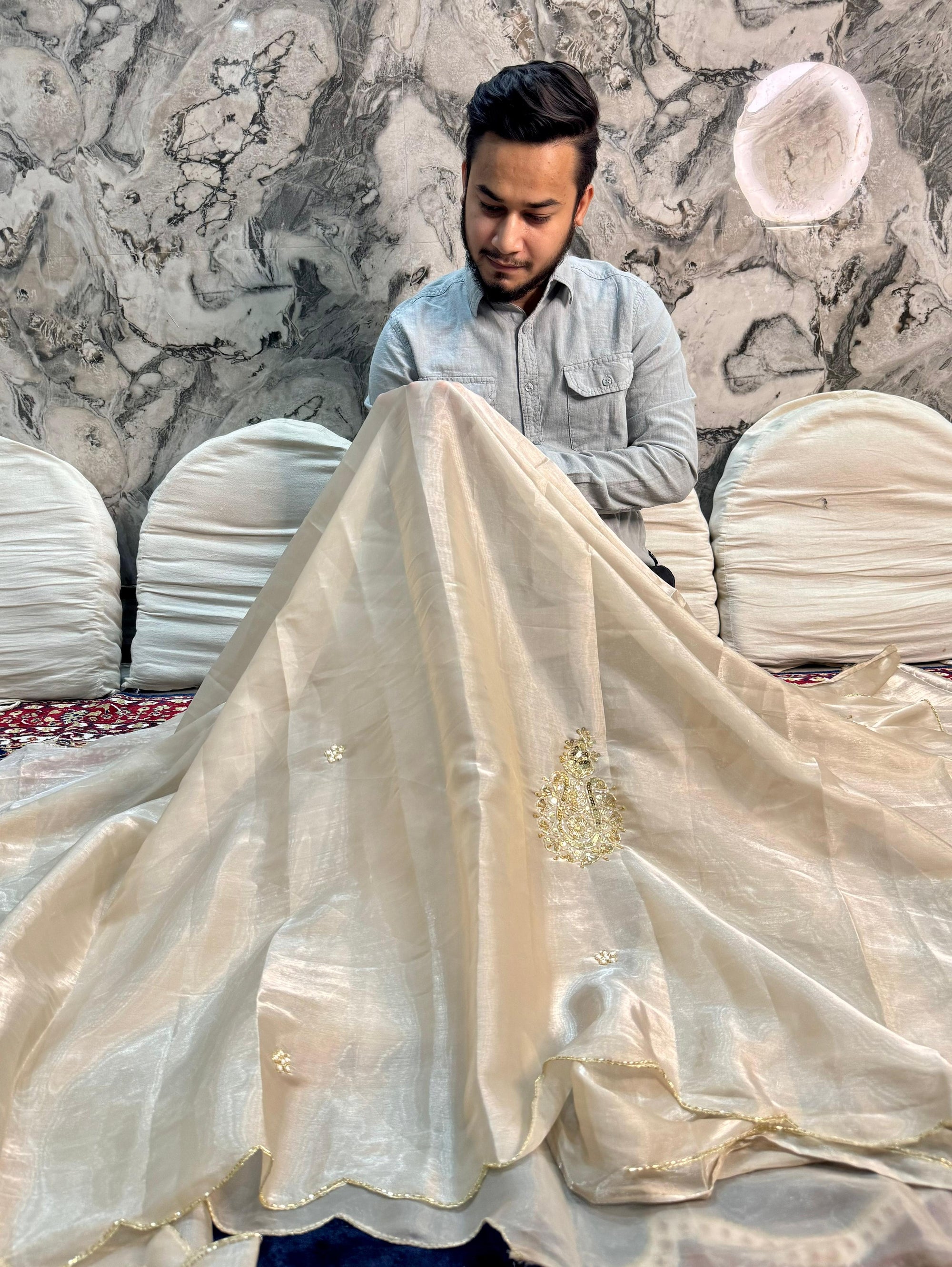 IVORY SHIMMERY TISSUE SILK HAND WORK SAREE