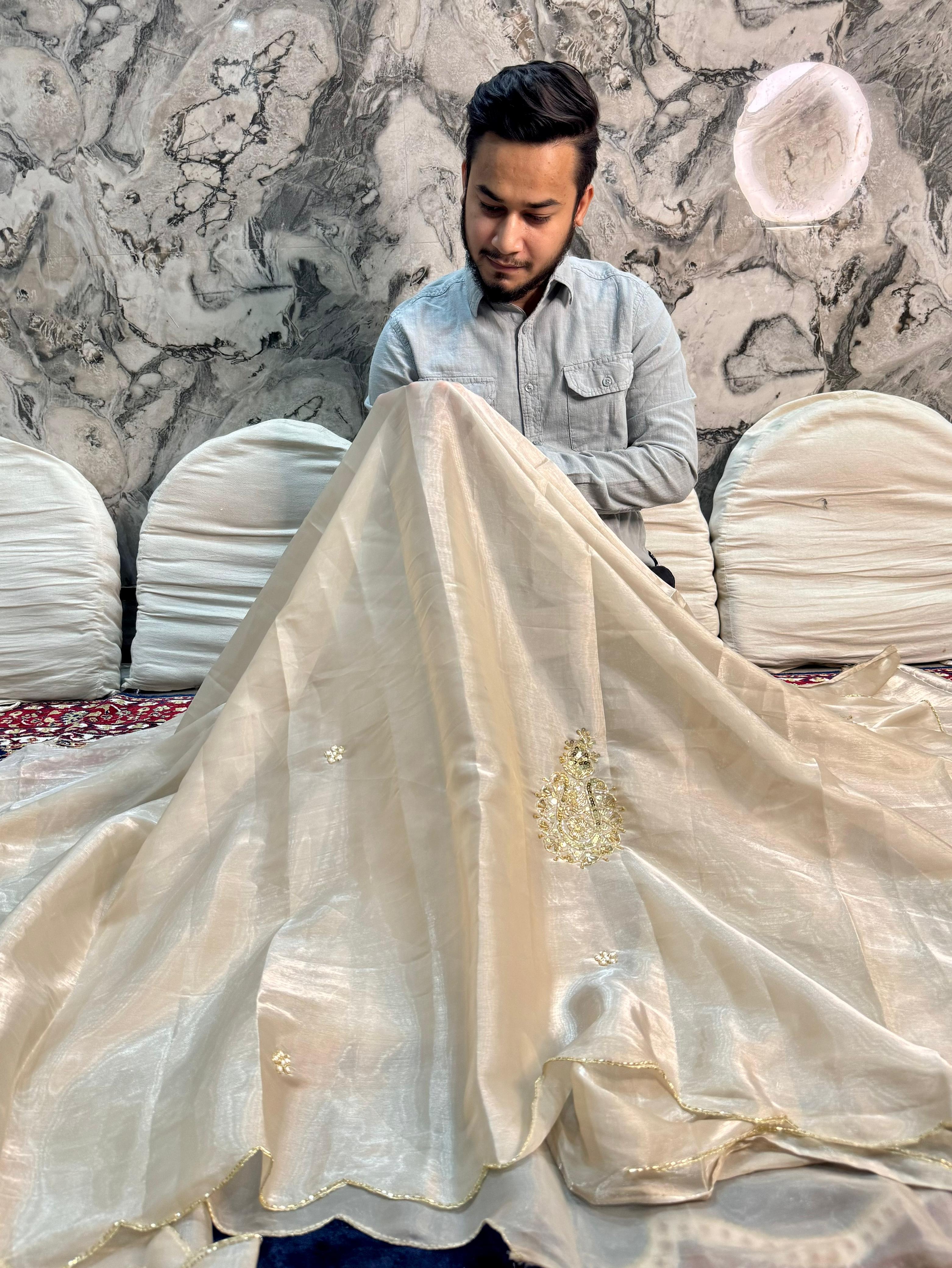 IVORY SHIMMERY TISSUE SILK HAND WORK SAREE