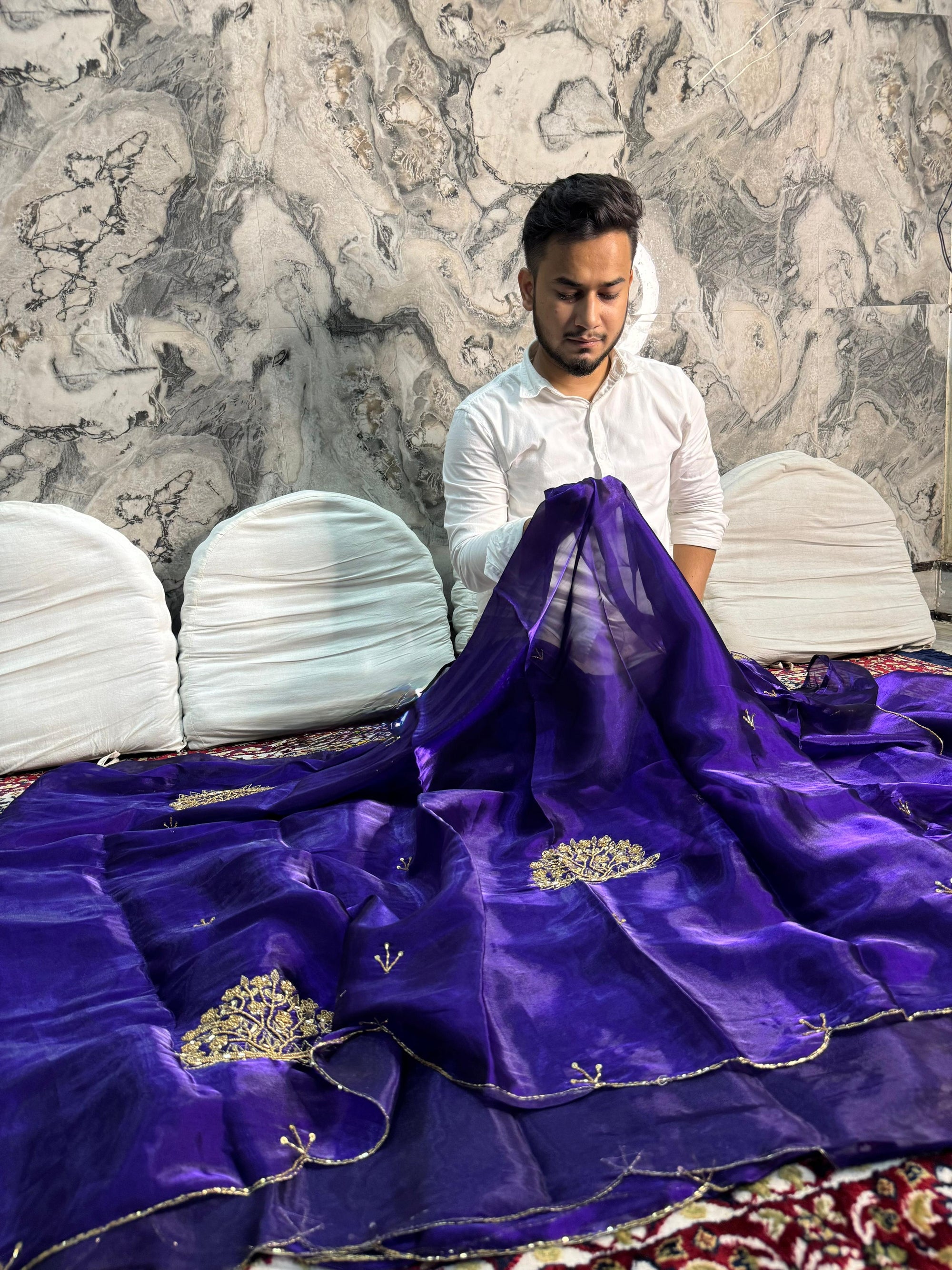 DEEP PURPLE SHIMMERY TISSUE SILK HAND WORK SAREE