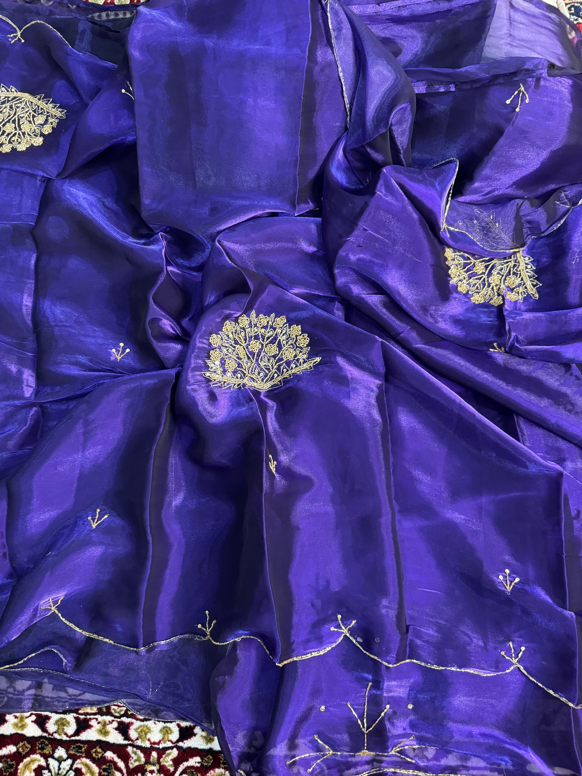 DEEP PURPLE SHIMMERY TISSUE SILK HAND WORK SAREE