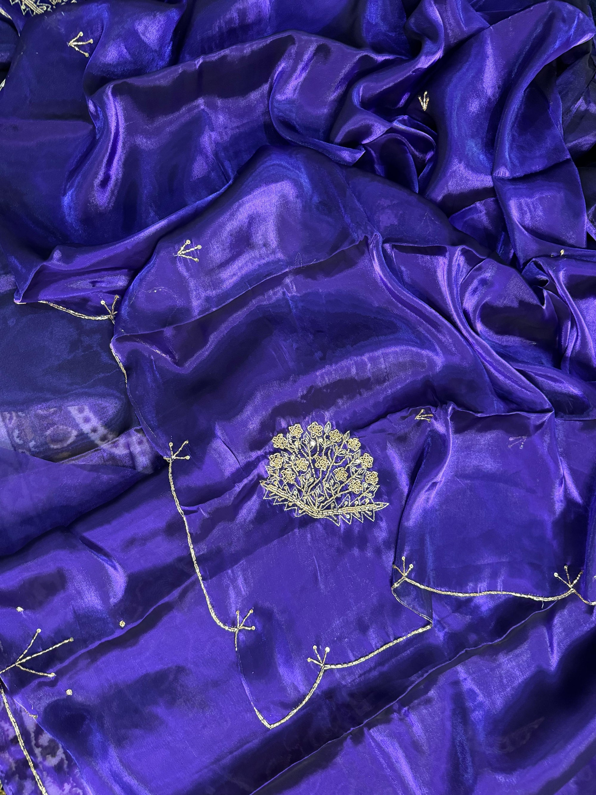 DEEP PURPLE SHIMMERY TISSUE SILK HAND WORK SAREE