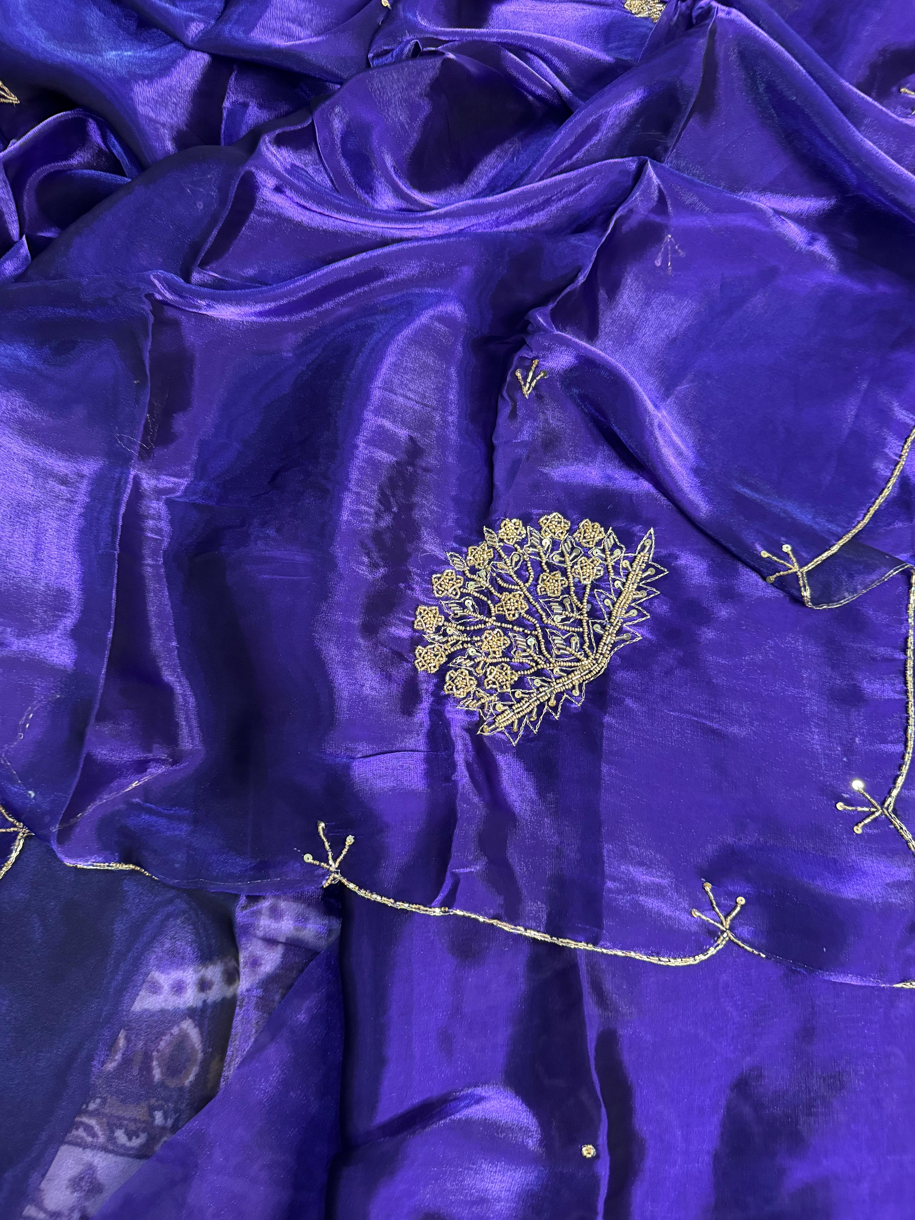 DEEP PURPLE SHIMMERY TISSUE SILK HAND WORK SAREE