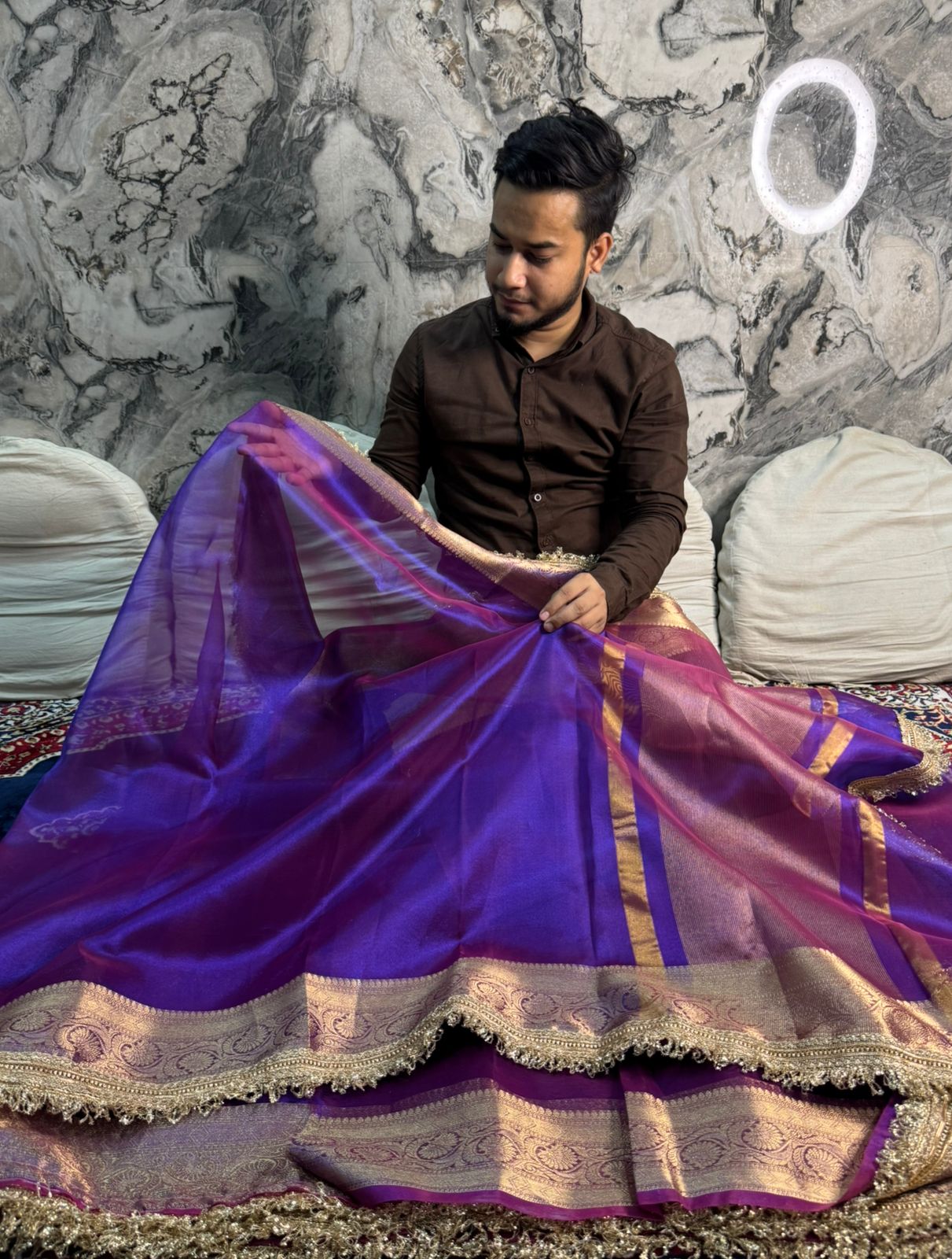 PINKISH BLUE SOFT TISSUE SILK SAREE WITH LACE ATTACHED
