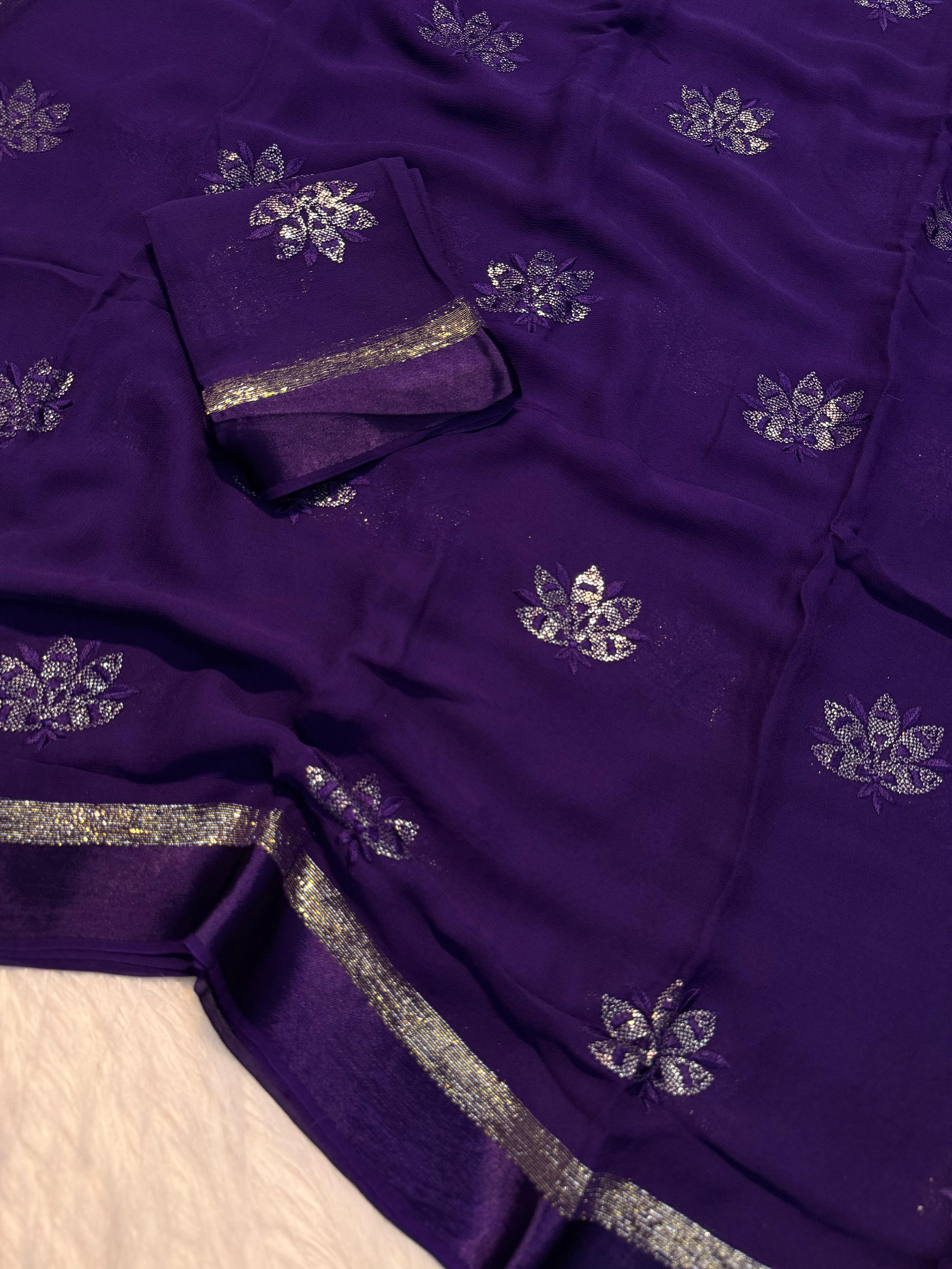 DEEP PURPLE SHADE PURE VISCOE SILK SAREE WITH HAND WORK BOOTA
