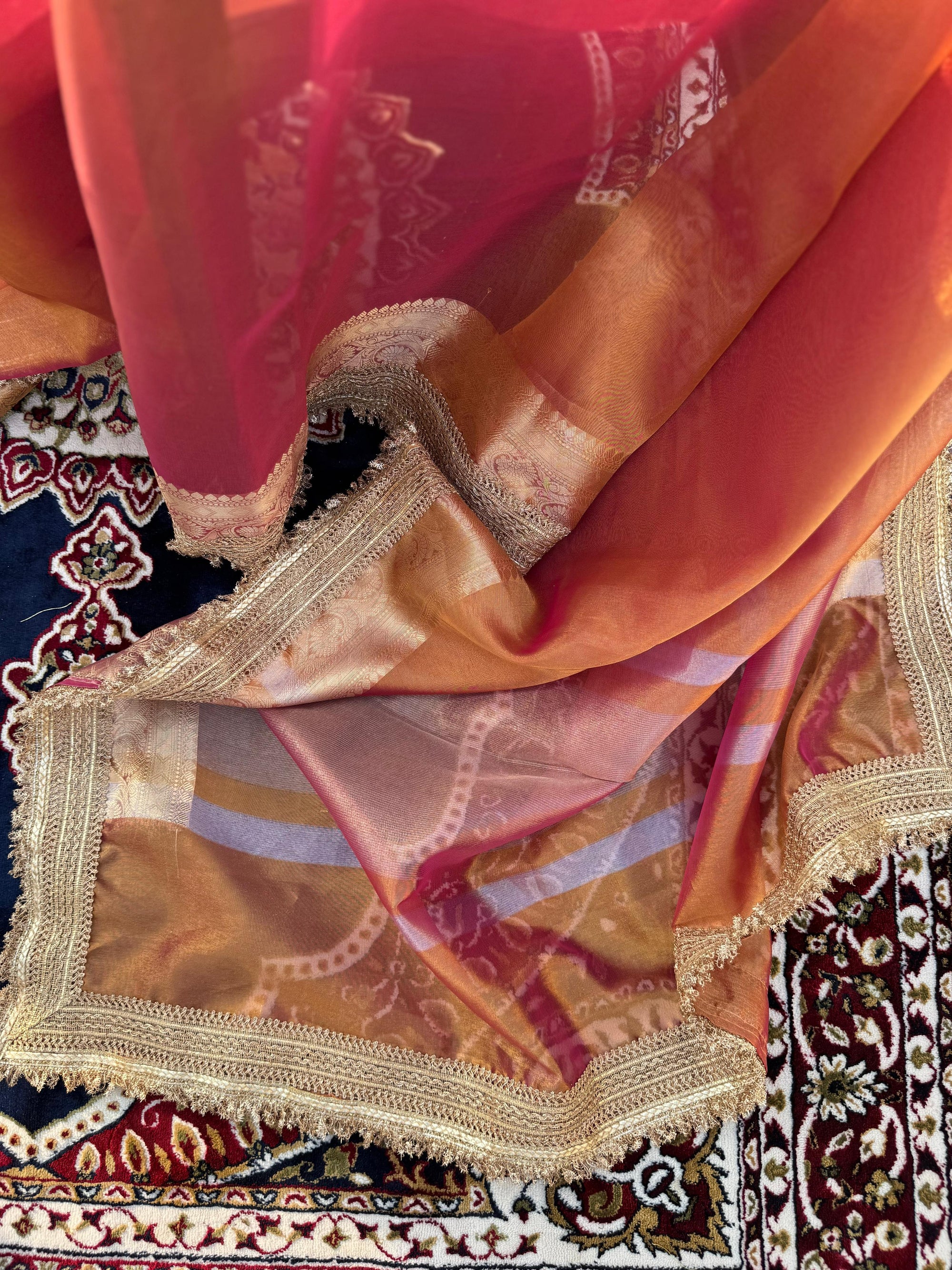 PINKISH RUST SOFT TISSUE SILK SAREE WITH LACE ATTACHED