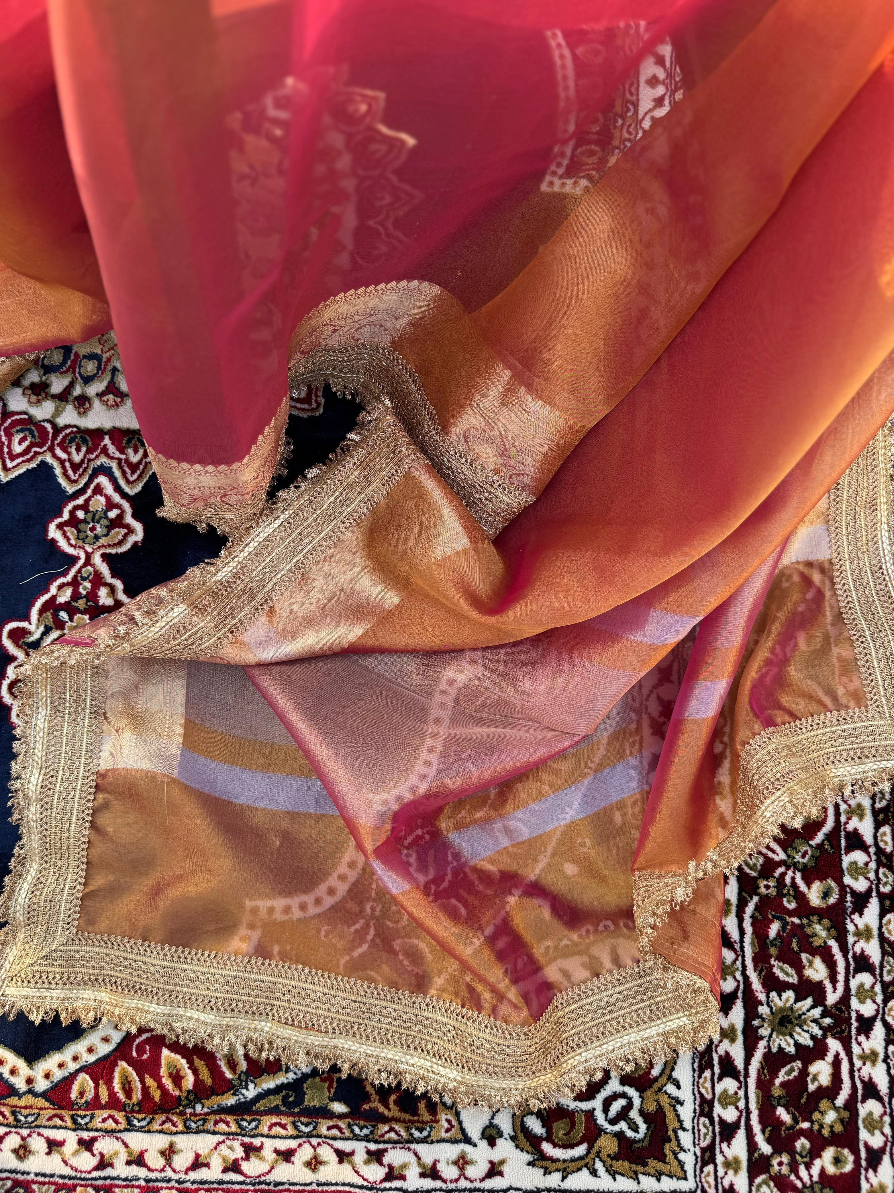 PINKISH RUST SOFT TISSUE SILK SAREE WITH LACE ATTACHED