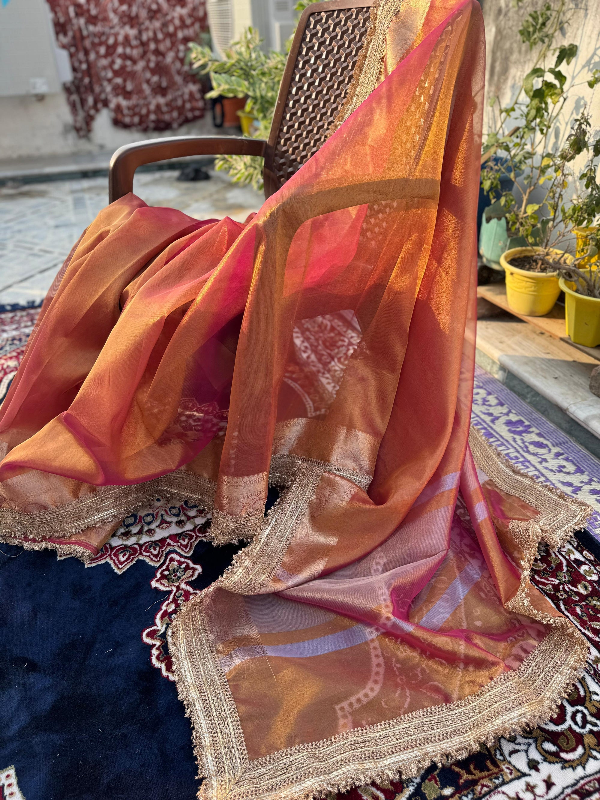 PINKISH RUST SOFT TISSUE SILK SAREE WITH LACE ATTACHED