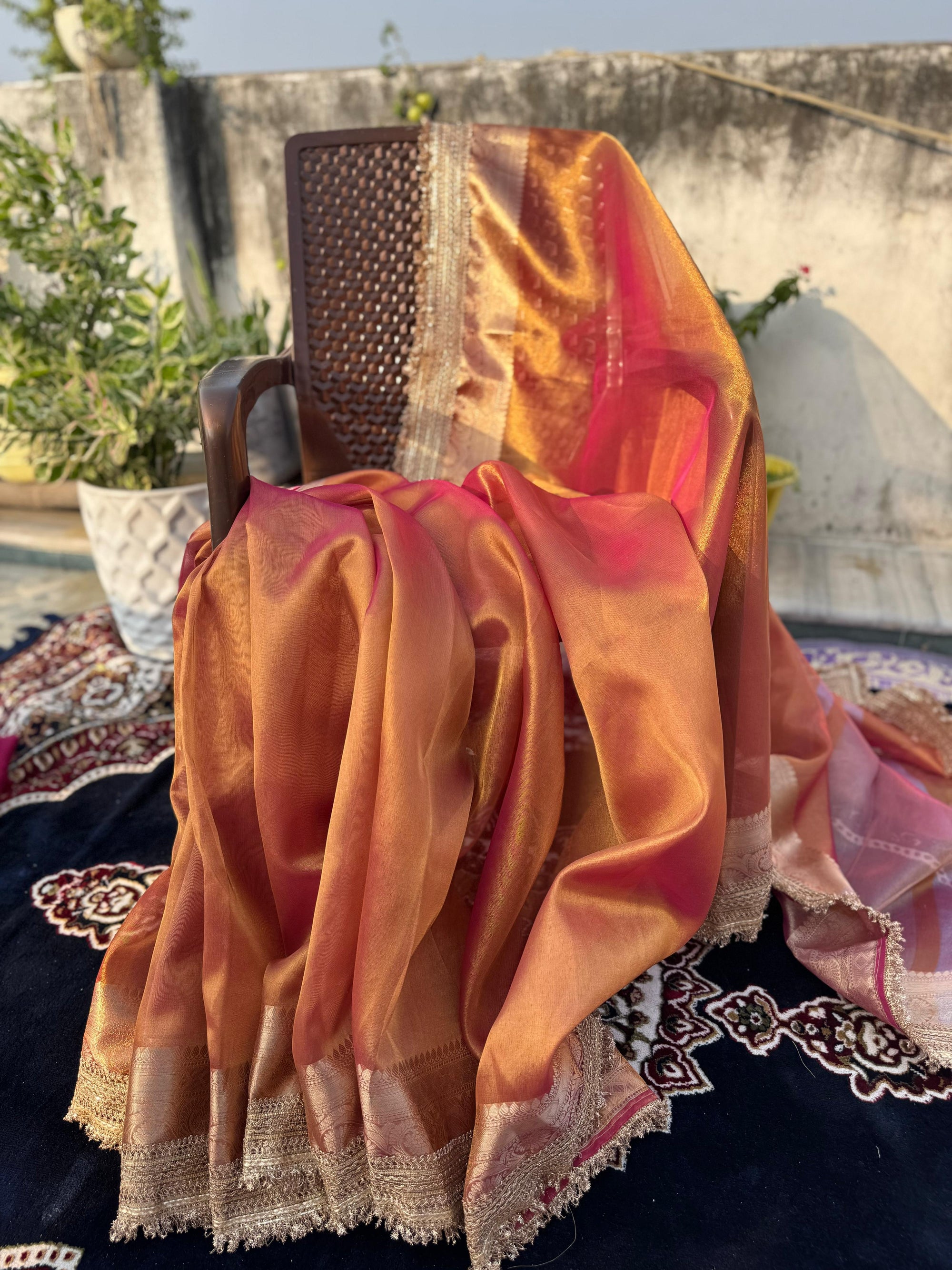 PINKISH RUST SOFT TISSUE SILK SAREE WITH LACE ATTACHED