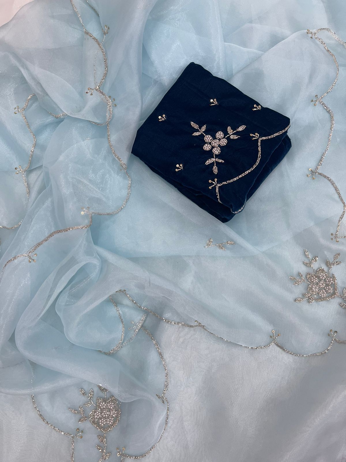 LIGHT BLUE ORGANZA SILK HAND WORK SAREE