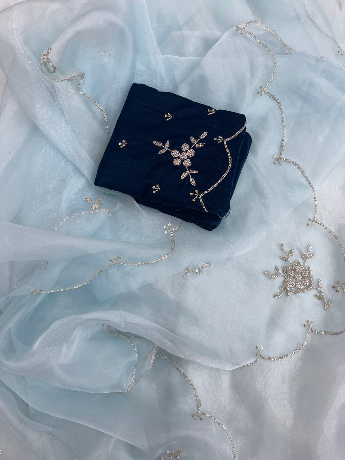 LIGHT BLUE ORGANZA SILK HAND WORK SAREE