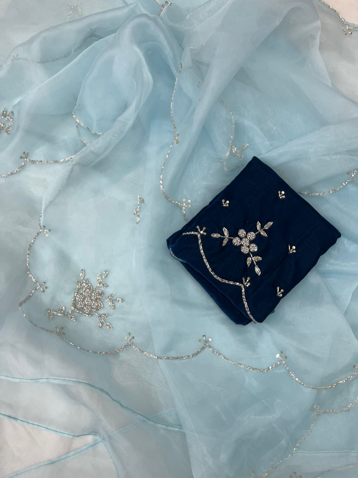 LIGHT BLUE ORGANZA SILK HAND WORK SAREE